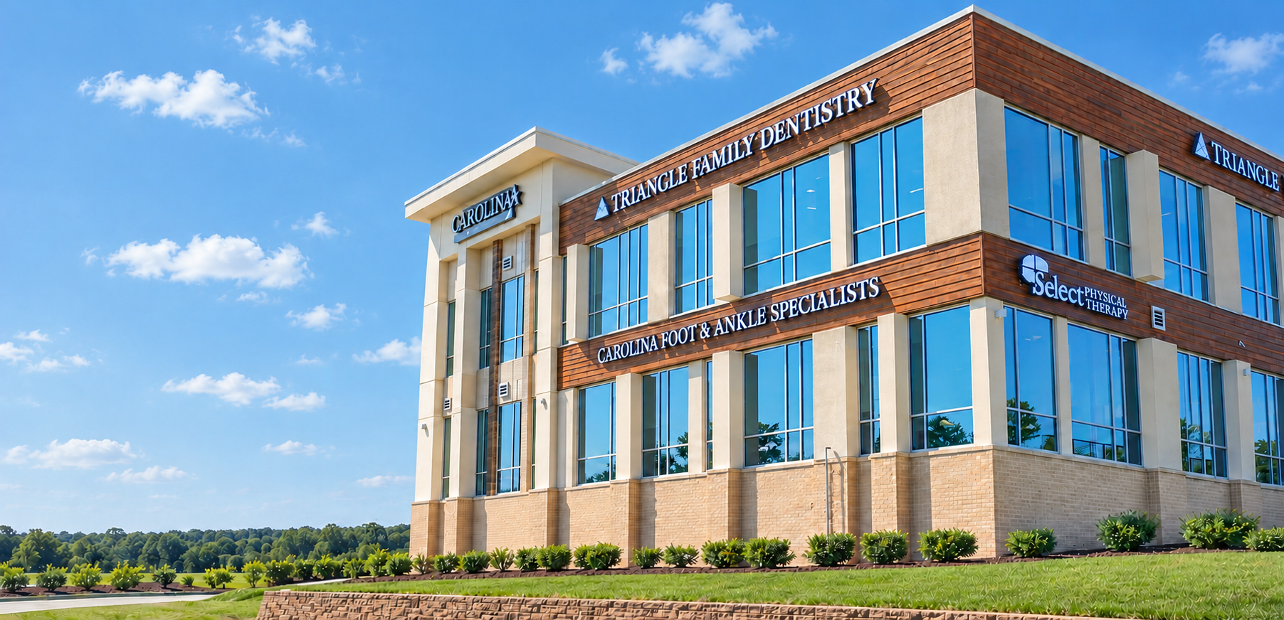 Modern Medical Office Under Scattered Clouds